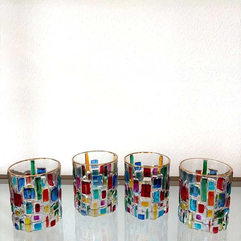 Hand Painted Italian Murano Crystal Whiskey Glasses 2pc 10oz Colorful Mosaic